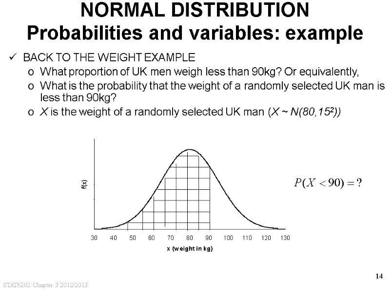STAT6202 Chapter 3 2012/2013 14 NORMAL DISTRIBUTION Probabilities and variables: example BACK TO THE